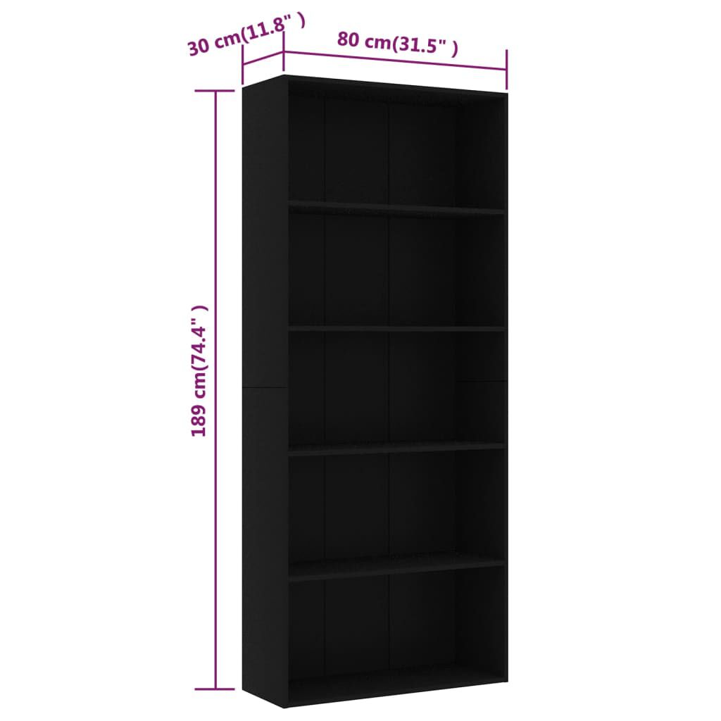 vidaXL Βιβλιοθήκη με 5 Ράφια Μαύρη 80 x 30 x 189 εκ. Επεξ. Ξύλο