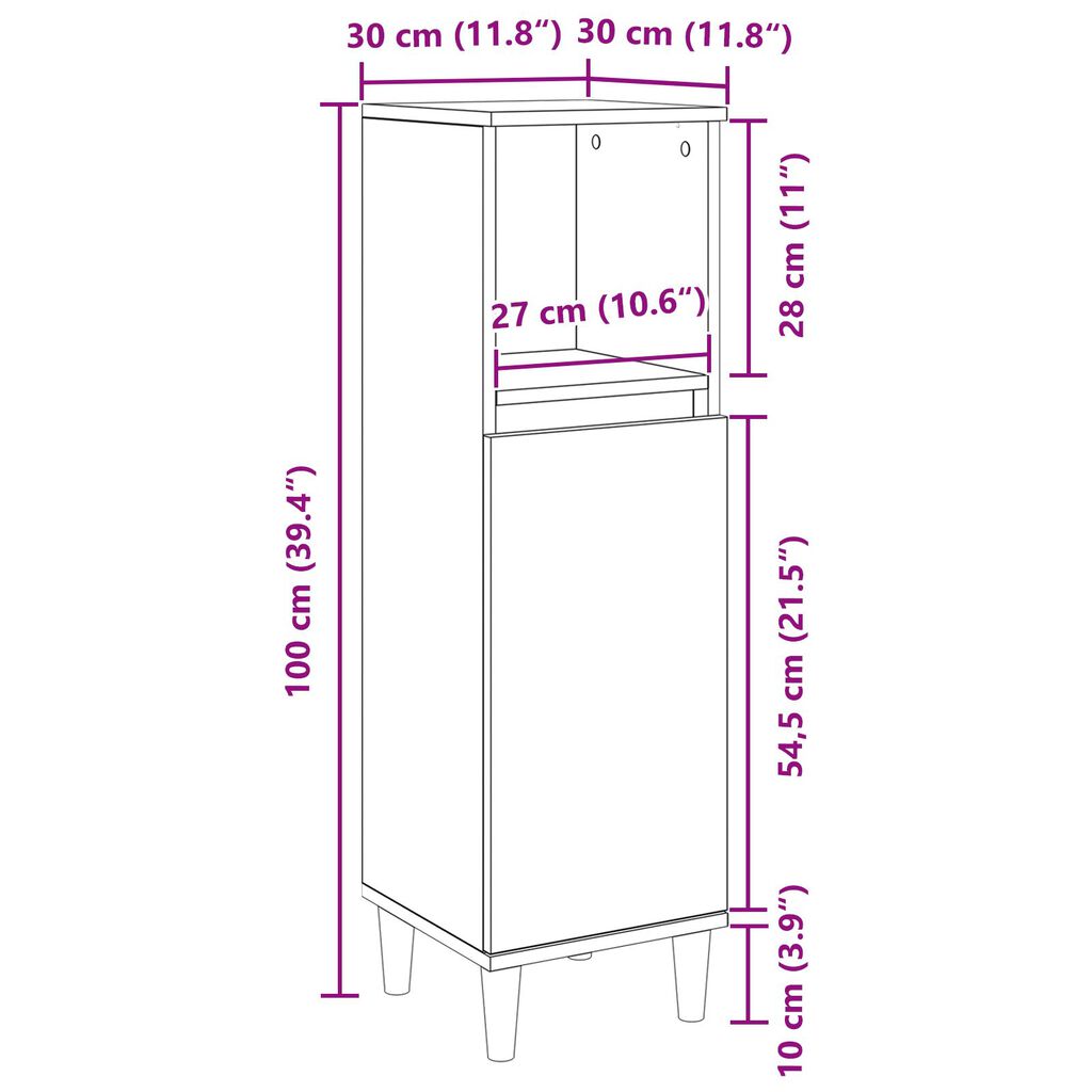 vidaXL Ντουλάπα Μπάνιου Μαύρο Δρυς 30x30x100 εκ Επεξεργασμένο Ξύλο