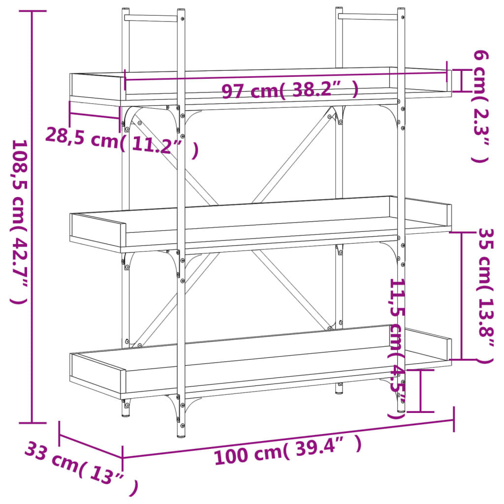 vidaXL Βιβλιοθήκη 3 Επιπέδων Sonoma Δρυς 100x33x108,5εκ. Επεξεργ. Ξύλο