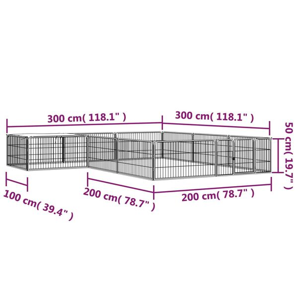 vidaXL Παρκοκρέβατο Σκύλου 12 Πάνελ Μαύρο 100x50εκ Ατσάλι Βαφή Πούδρας