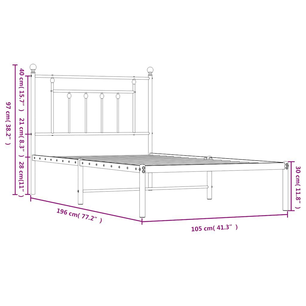 vidaXL Πλαίσιο Κρεβατιού με Κεφαλάρι Μαύρο 100 x 190 εκ. Μεταλλικό