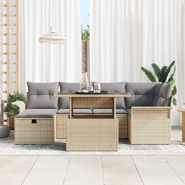 vidaXL Σετ Καναπέ Κήπου με μαξιλάρι 7 pcs Μπεζ Πολυ ράταν