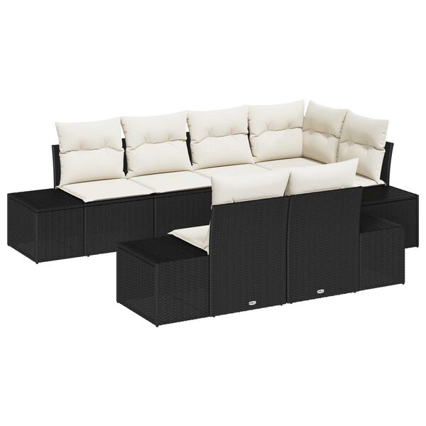 vidaXL Σετ Καναπέ Κήπου με μαξιλάρι 7 pcs Μαύρο και κρεμ Πολυ ράταν
