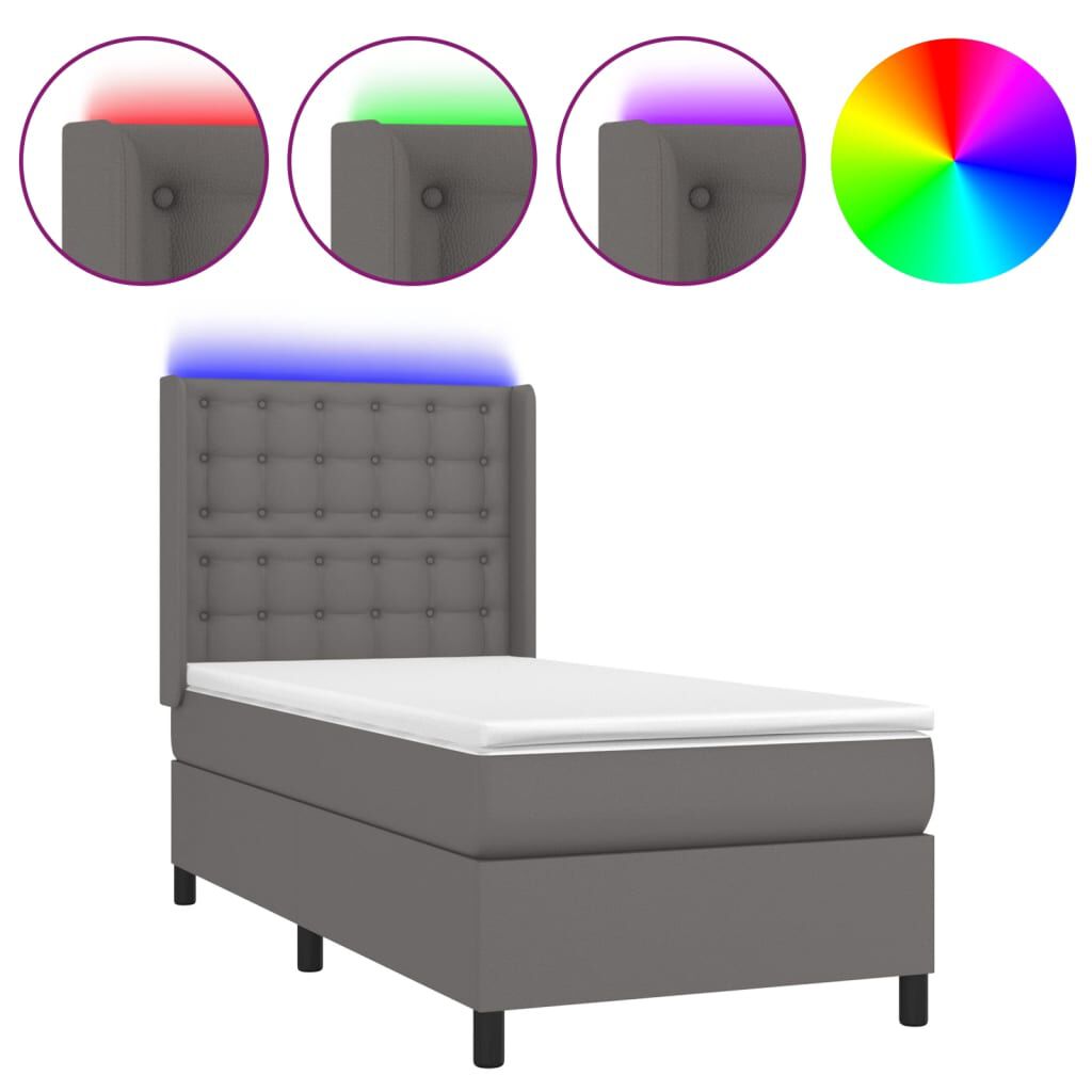 vidaXL Κρεβάτι Boxspring με Στρώμα & LED Γκρι 90x190 εκ. Συνθ. Δέρμα