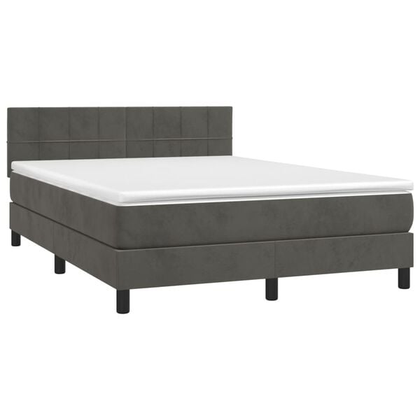 vidaXL Κρεβάτι Boxspring με Στρώμα & LED Σκ. Γκρι 140x200εκ. Βελούδινο