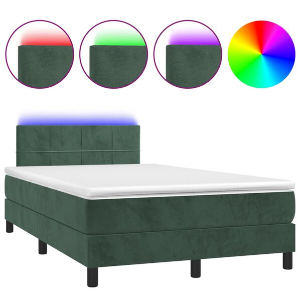 vidaXL Κρεβάτι Boxspring με Στρώμα & LED Σκ. Πράσινο 120x200εκ Βελούδο