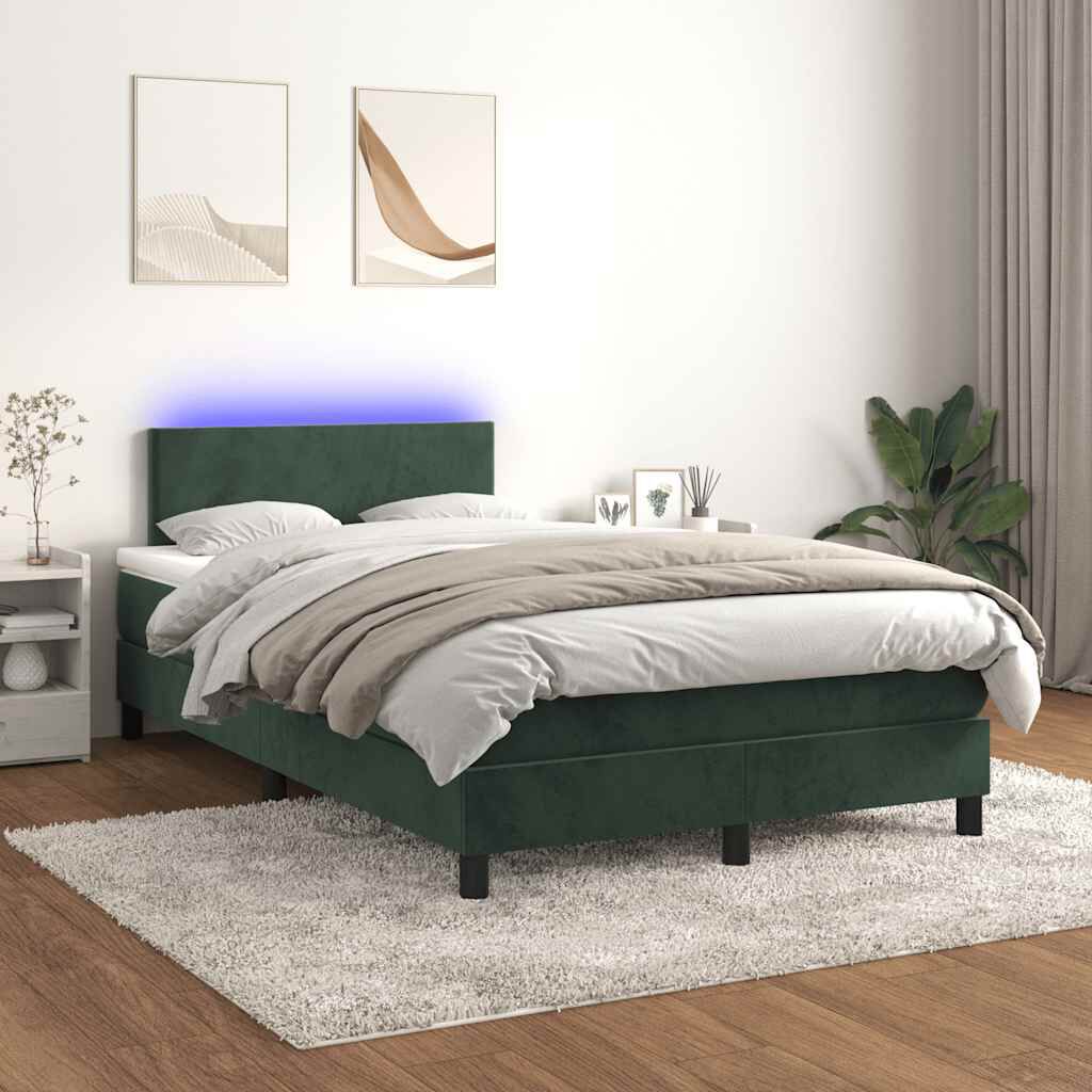 vidaXL Κρεβάτι Boxspring με Στρώμα & LED Σκ. Πράσινο 120x190εκ Βελούδο