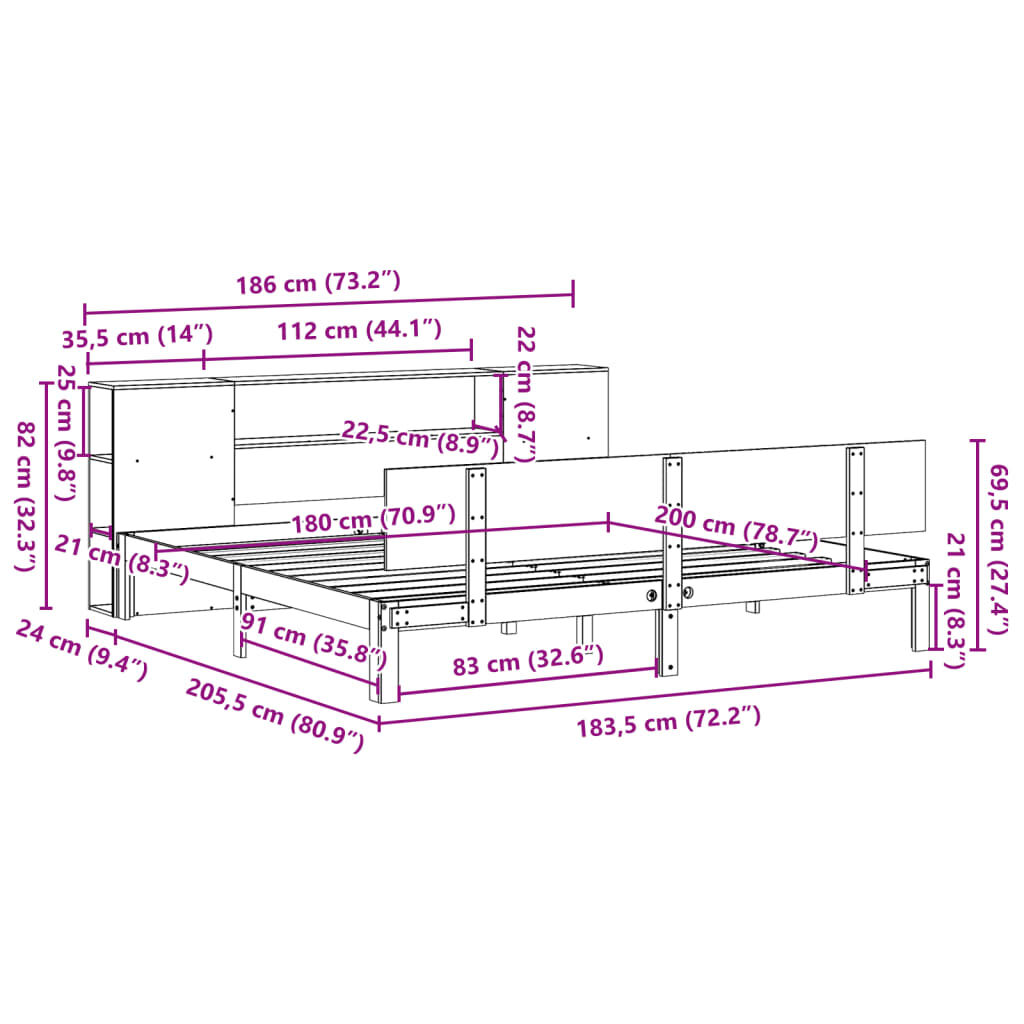 vidaXL Κρεβάτι Βιβλιοθήκη Χωρίς Στρώμα 180x200 εκ Μασίφ Ξύλο Πεύκου