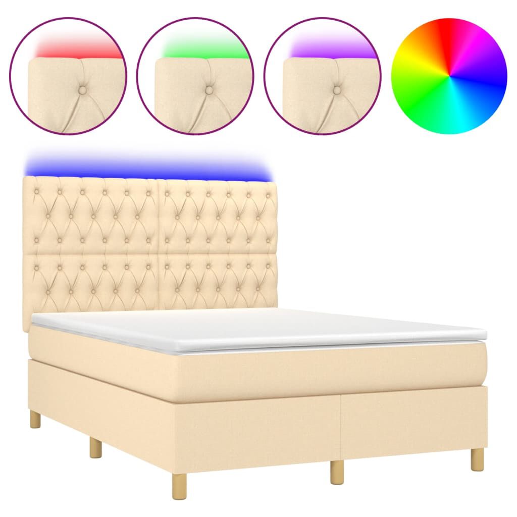 vidaXL Κρεβάτι Boxspring με Στρώμα & LED Κρεμ 140x200 εκ. Υφασμάτινο