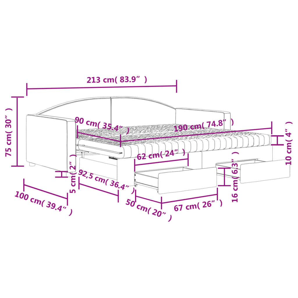 vidaXL Καναπές Κρεβάτι Συρόμενος Μαύρο 90x190 εκ. Ύφασμα & Συρτάρια