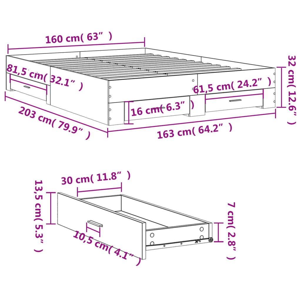vidaXL Πλαίσιο Κρεβατιού με συρτάρια Γκρι sonoma 160x200εκ. Επεξ. Ξύλο