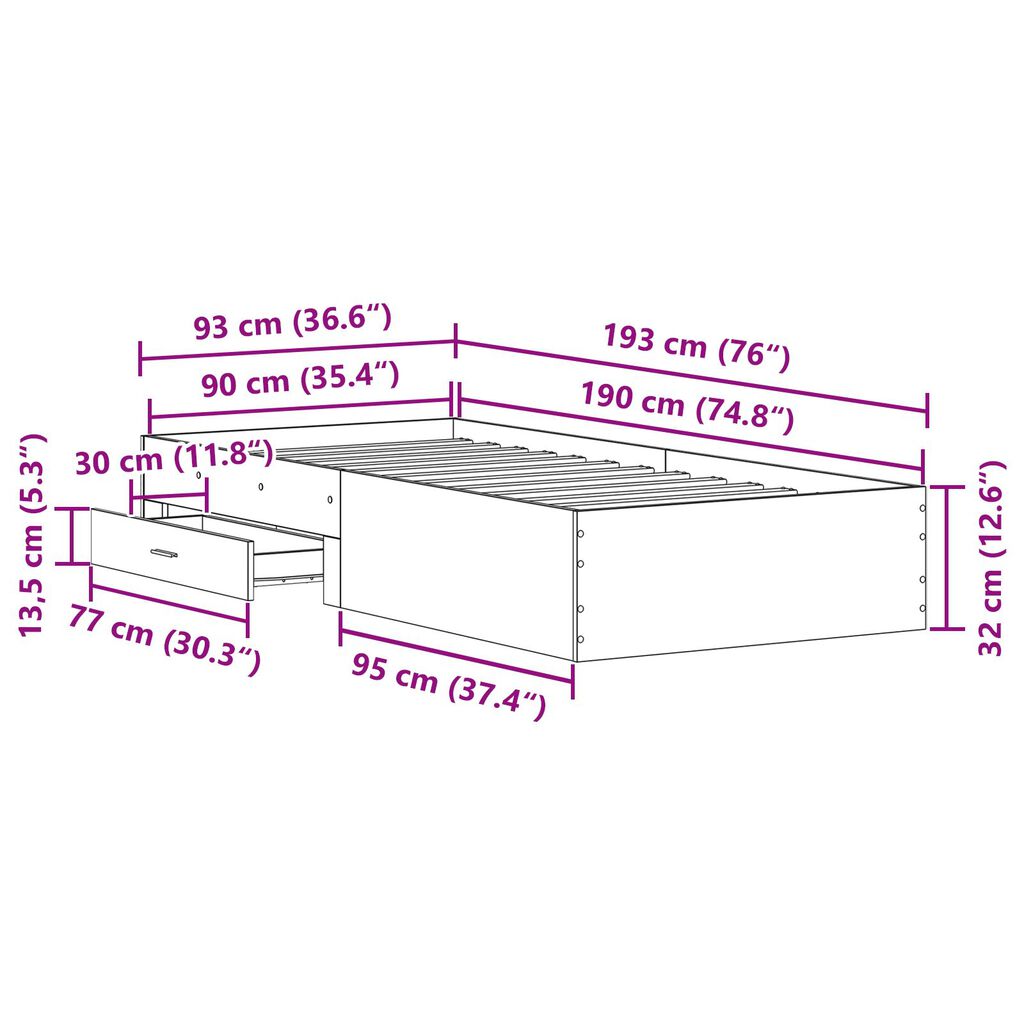 vidaXL Κρεβάτι Artisan Oak 90x190 εκ. Επεξεργασμένο Ξύλο