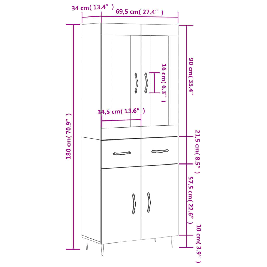 vidaXL Ντουλάπι Γκρι Σκυροδέματος 69,5x34x180 εκ. Επεξεργασμένο Ξύλο