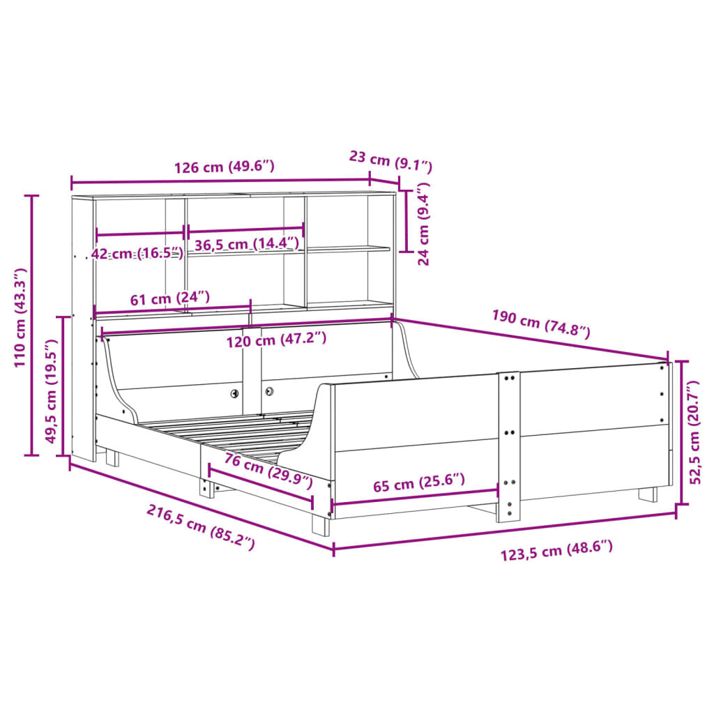 vidaXL Κρεβάτι Βιβλιοθήκη Χωρίς Στρώμα Καφέ 120x190 εκ Μασίφ Πεύκο