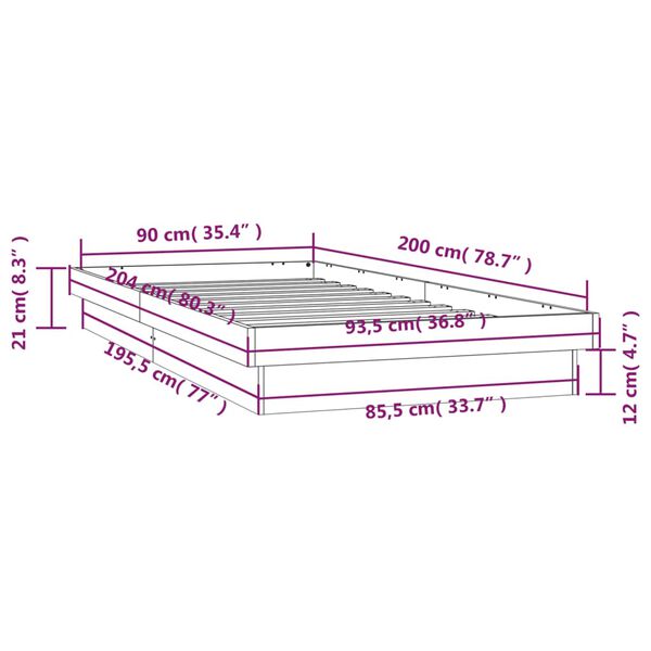 vidaXL Πλαίσιο Κρεβατιού με LED 90 x 200 εκ. από Μασίφ Ξύλο