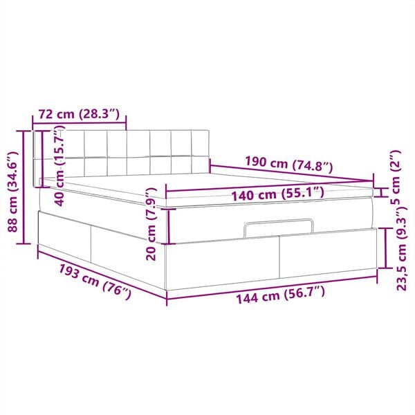 vidaXL Οθωμανικό κρεβάτι με στρώμα & LEDs Σκούρο γκρι 140x190cm Ύφασμα