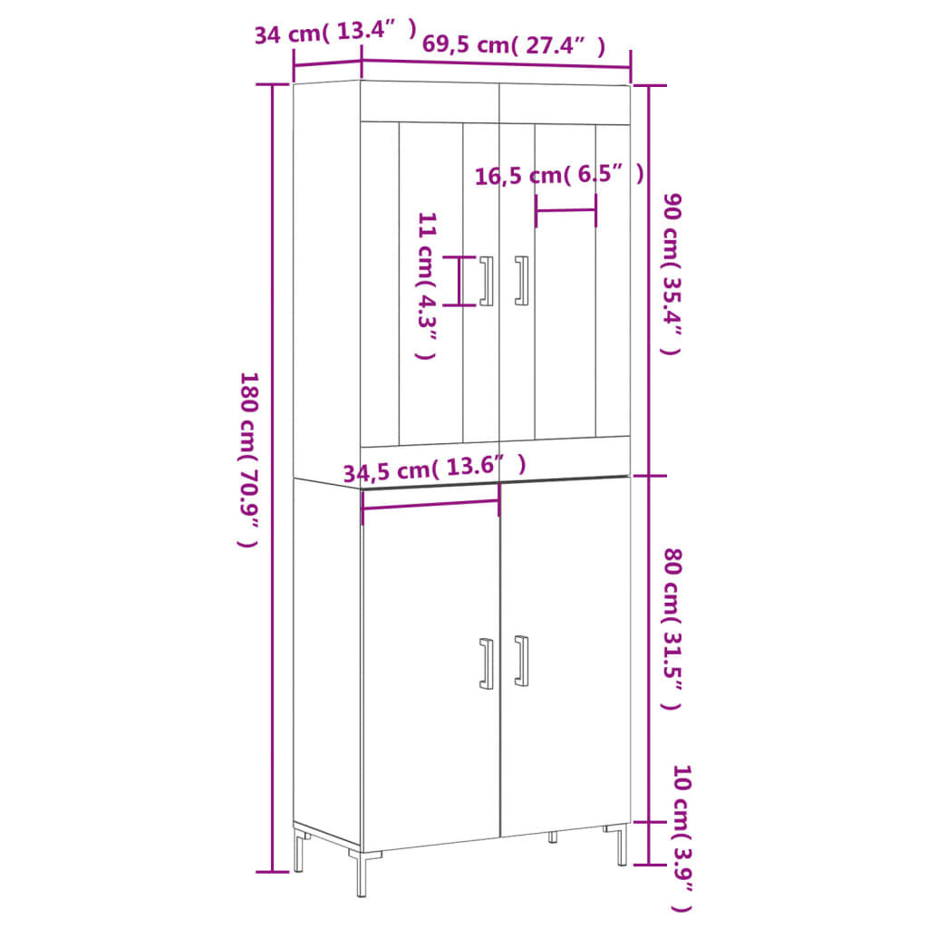 vidaXL Ντουλάπι Γκρι Sonoma 69,5 x 34 x 180 εκ. Επεξεργασμένο Ξύλο