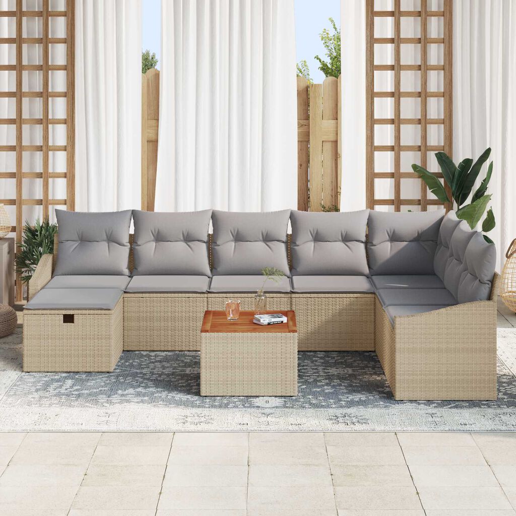 vidaXL Σετ Καναπέ Κήπου με μαξιλάρι 9 pcs Μπεζ Πολυ ράταν