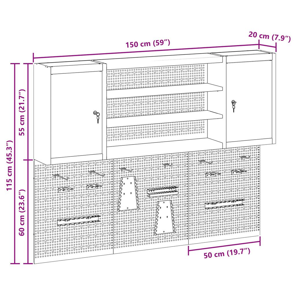vidaXL Σετ Εργαλείων με 6 Τεμάχια και Πίνακα Pegboard Τοίχου Μαύρο Μέταλλο
