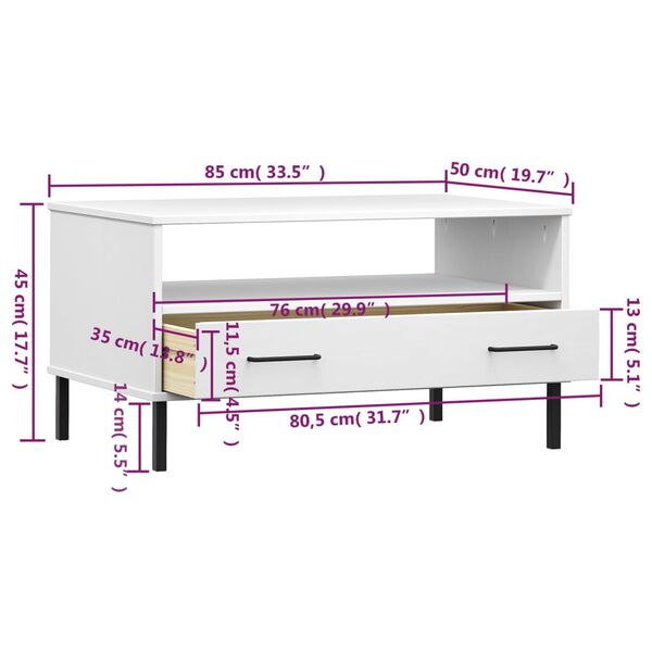 vidaXL Τραπεζάκι Σαλονιού OSLO Λευκό 85x50x45 εκ Μασίφ Ξύλο Μετ. Πόδια