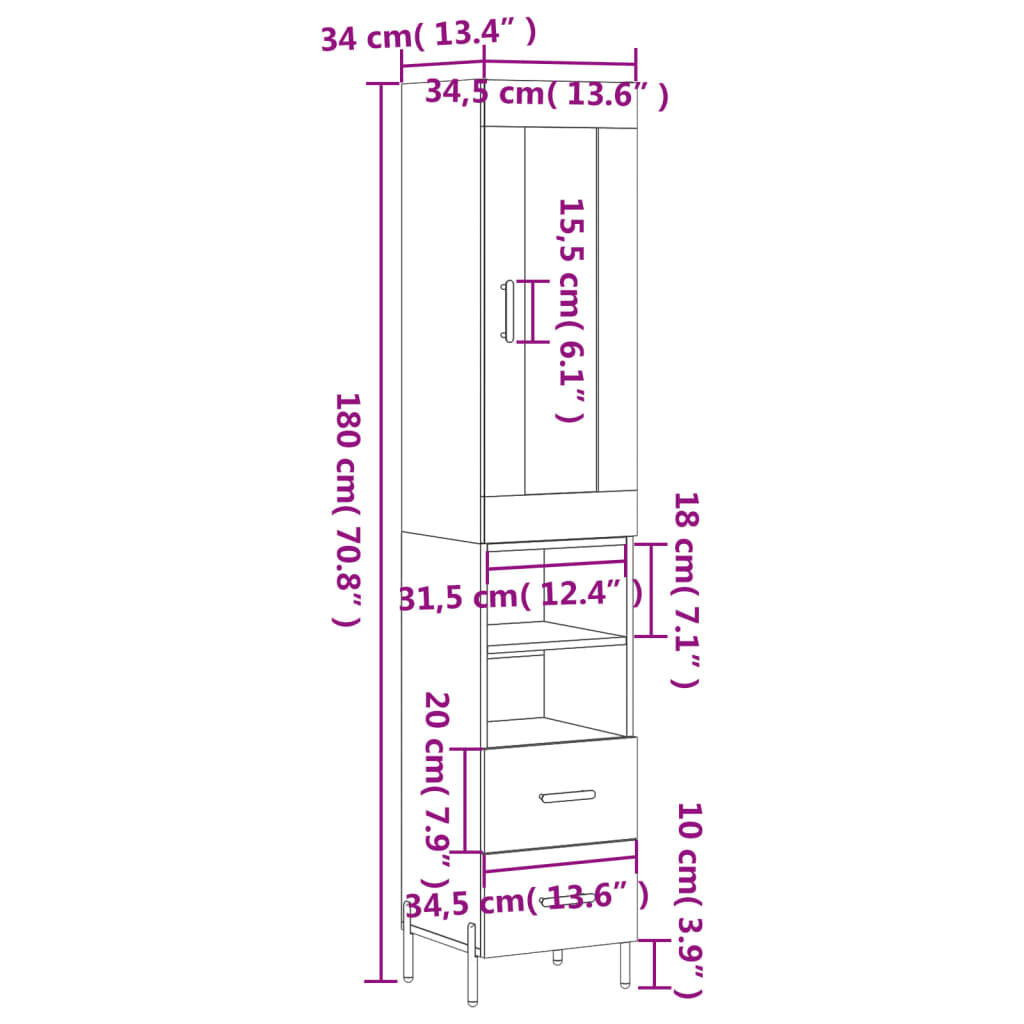 vidaXL Ντουλάπι Γκρι Σκυροδέματος 34,5x34x180 εκ. Επεξεργασμένο Ξύλο