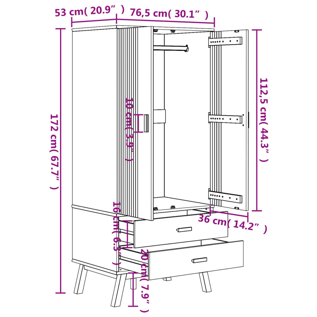 vidaXL Ντουλάπα OLDEN Γκρι & Καφέ 76,5x53x172 εκ. Μασίφ Ξύλο Πεύκου