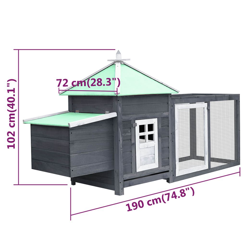 vidaXL Κοτέτσι με Κουτί Ωοτοκίας Γκρι 190x72x102 εκ. Μασίφ Ξύλο Ελάτης