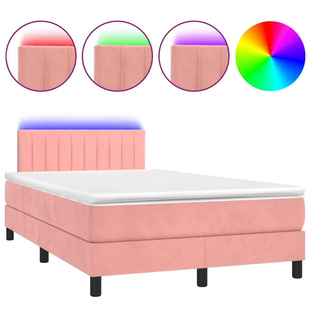 vidaXL Κρεβάτι Boxspring με Στρώμα & LED Ροζ 120x200 εκ. Βελούδινο