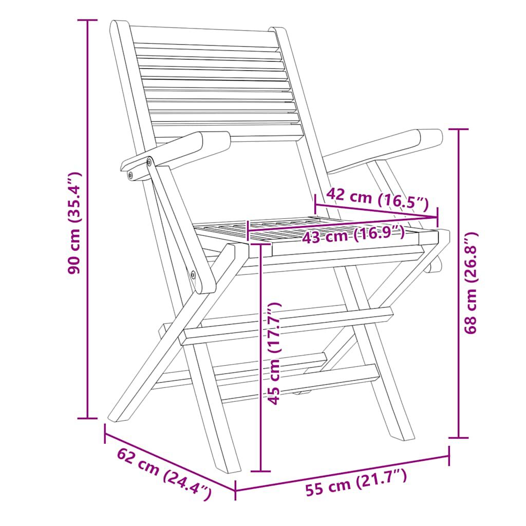 vidaXL Καρέκλες Κήπου Πτυσσόμενες 2 τεμ. 55x62x90 εκ. Μασίφ Ξύλο Teak