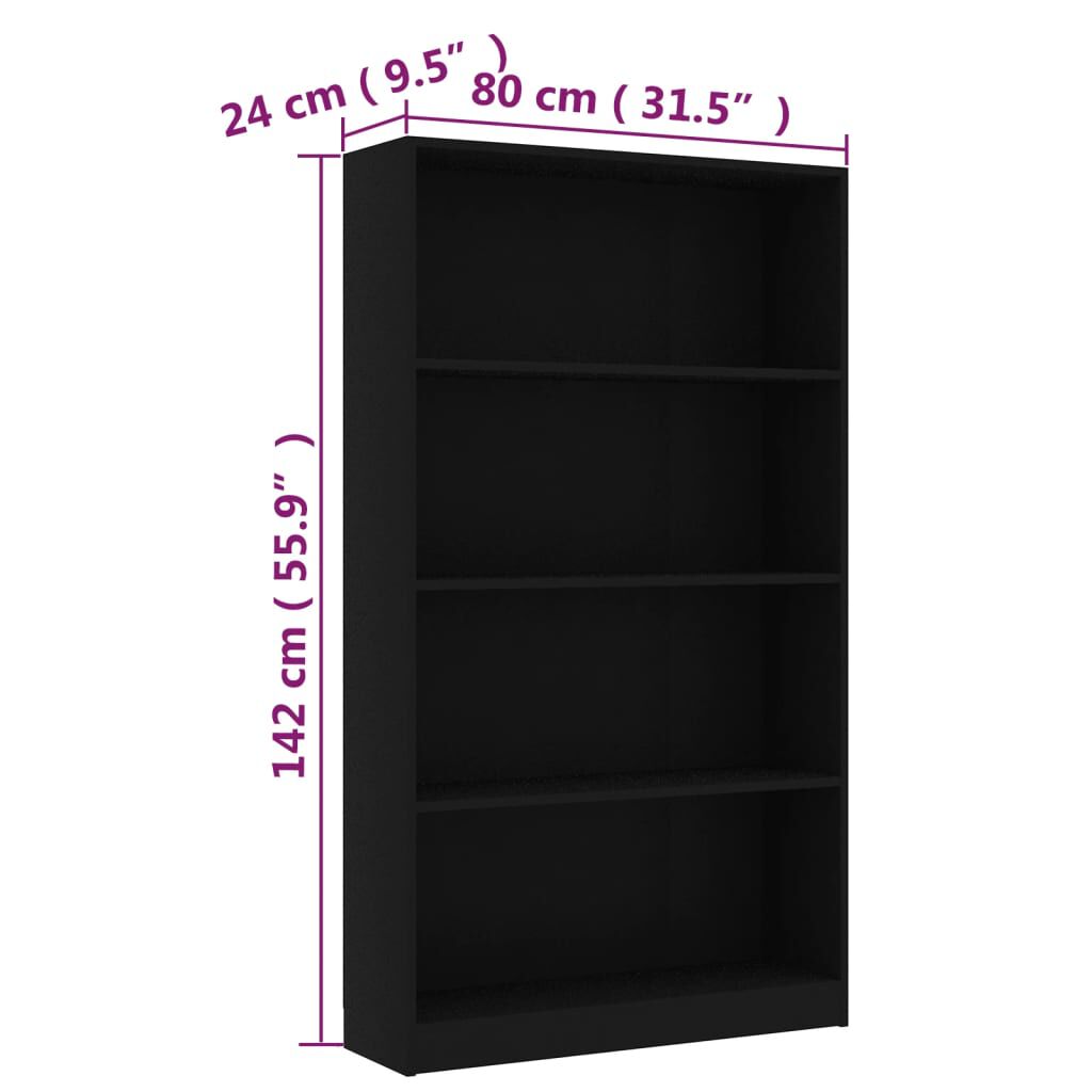vidaXL Βιβλιοθήκη με 4 Ράφια Μαύρη 80 x 24 x 142 εκ. από Επεξ. Ξύλο