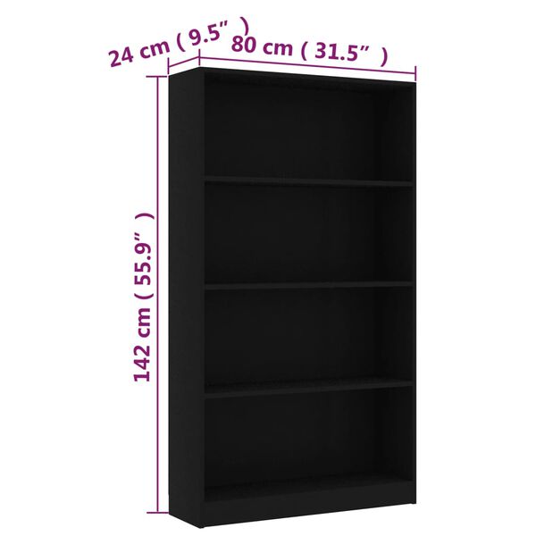 vidaXL Βιβλιοθήκη με 4 Ράφια Μαύρη 80 x 24 x 142 εκ. από Επεξ. Ξύλο