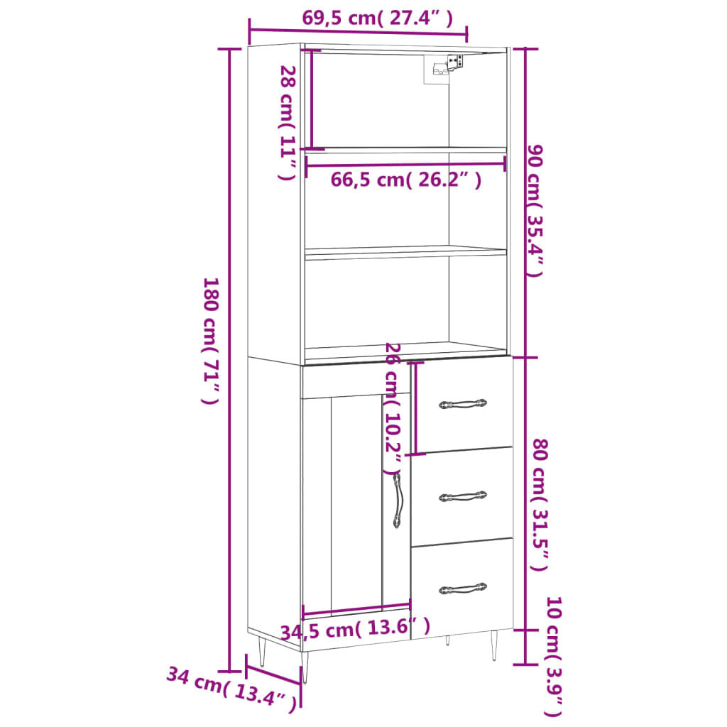 vidaXL Ντουλάπι Γκρι Sonoma 69,5 x 34 x 180 εκ. Επεξεργασμένο Ξύλο