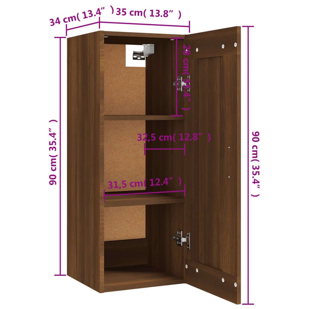 vidaXL Ντουλάπι Κρεμαστό Καφέ Δρυς 35 x 34 x 90 εκ. Επεξεργασμένο Ξύλο