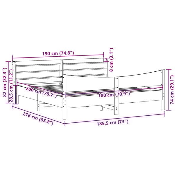 vidaXL Πλαίσιο Κρεβατιού με Κεφαλάρι 180x200 εκ. από Μασίφ Ξύλο Πεύκου