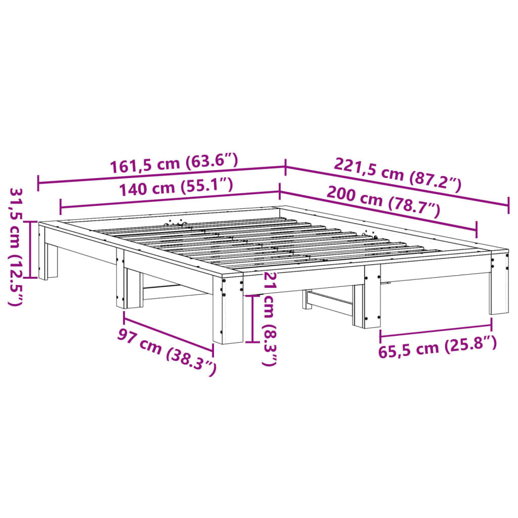 vidaXL Σκελετός Κρεβατιού Χωρίς Στρώμα Καφέ 140x200 Μασίφ Ξύλο Πεύκου