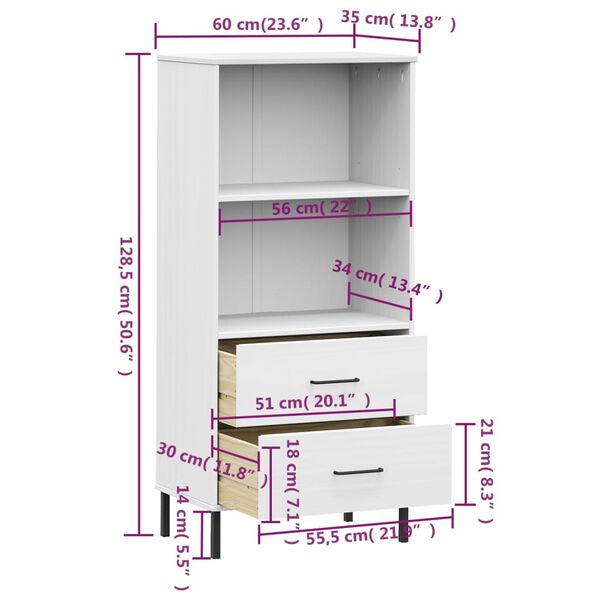 vidaXL Βιβλιοθήκη OSLO με 2 Συρτάρια Λευκή 60x35x128,5 εκ. Μασίφ Ξύλο