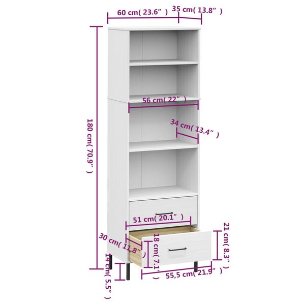vidaXL Βιβλιοθήκη OSLO με 2 Συρτάρια Λευκή 60x35x180 εκ. Μασίφ Ξύλο
