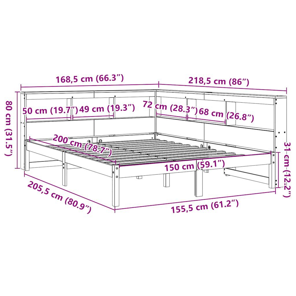 vidaXL Κρεβάτι Βιβλιοθήκη Χωρίς Στρώμα 150x200 εκ Μασίφ Ξύλο Πεύκου