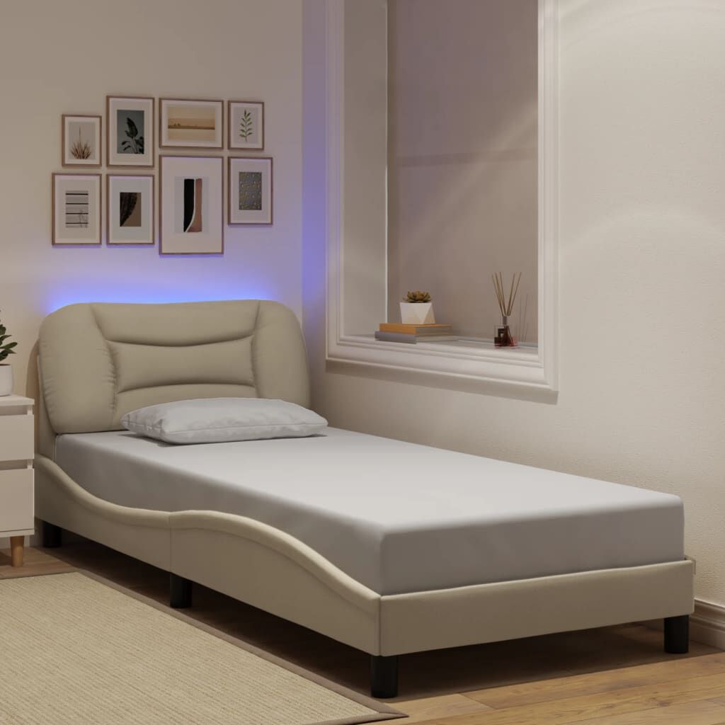 vidaXL Πλαίσιο Κρεβατιού με LED Κρεμ 90x190 εκ. Ύφασμα