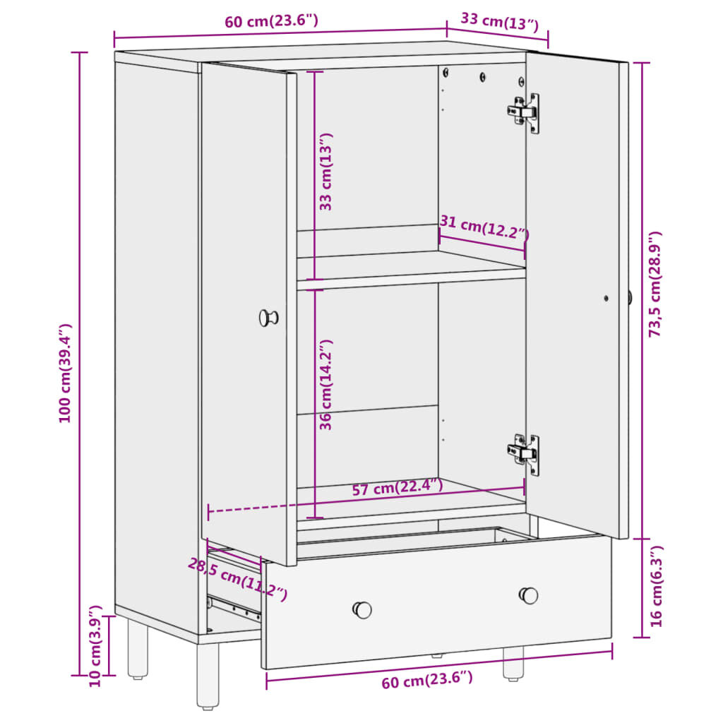 vidaXL Ντουλάπι 60 x 33 x 100 εκ. από Μασίφ Ξύλο Μάνγκο