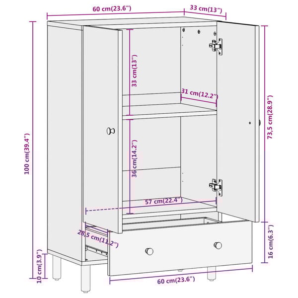 vidaXL Ντουλάπι 60 x 33 x 100 εκ. από Μασίφ Ξύλο Μάνγκο