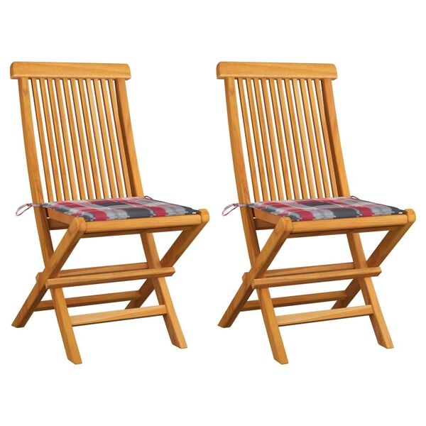 vidaXL Καρέκλες Κήπου 2 τεμ. Μασίφ Ξύλο Teak με Κόκκινα Καρό Μαξιλάρια