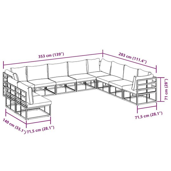 vidaXL Σετ Καναπέ Κήπου με μαξιλάρι 10 pcs Μαύρο Αλουμίνιο