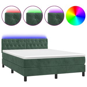 vidaXL Κρεβάτι Boxspring με Στρώμα & LED Σκ. Πράσινο 140x190εκ Βελούδο