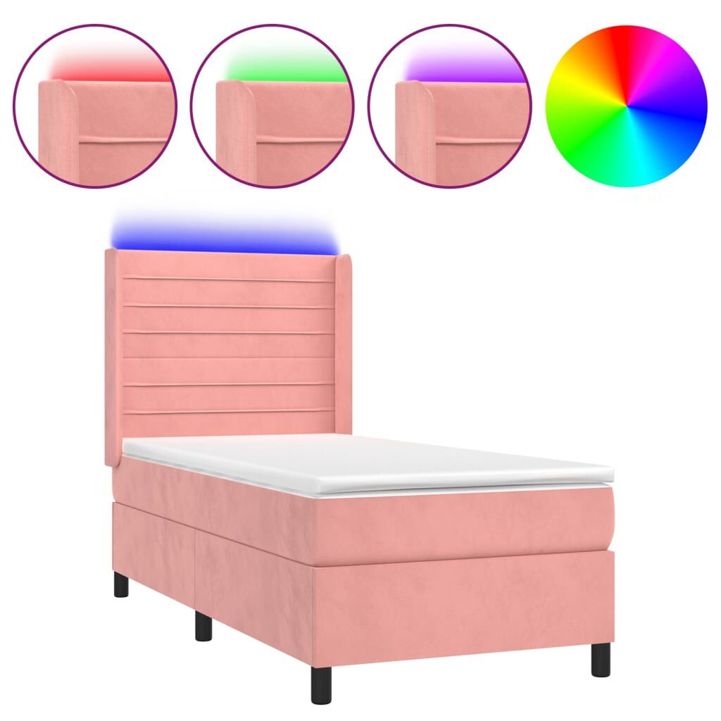 vidaXL Κρεβάτι Boxspring με Στρώμα & LED Ροζ 90x190 εκ. Βελούδινο