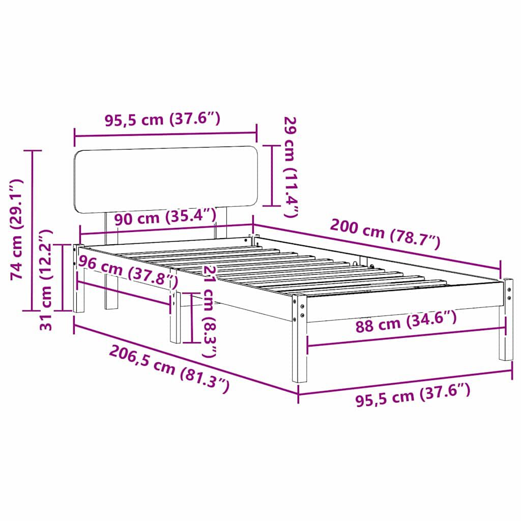 vidaXL Σκελετός Κρεβατιού Λευκό 90 x 200 cm Μασίφ ξύλο πεύκου