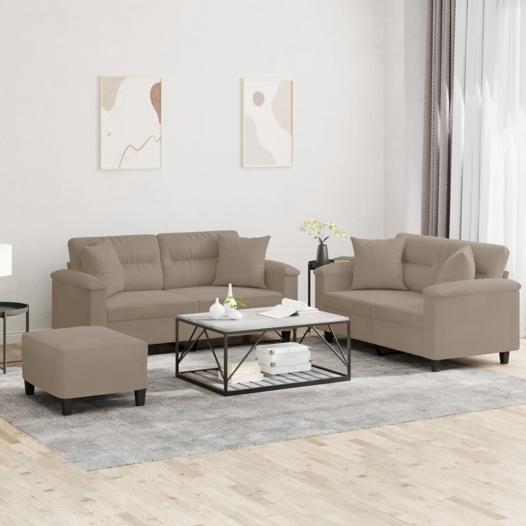 vidaXL Σετ Σαλονιού 3 Τεμαχίων Taupe από Ύφασμα Μικροϊνών με Μαξιλάρια