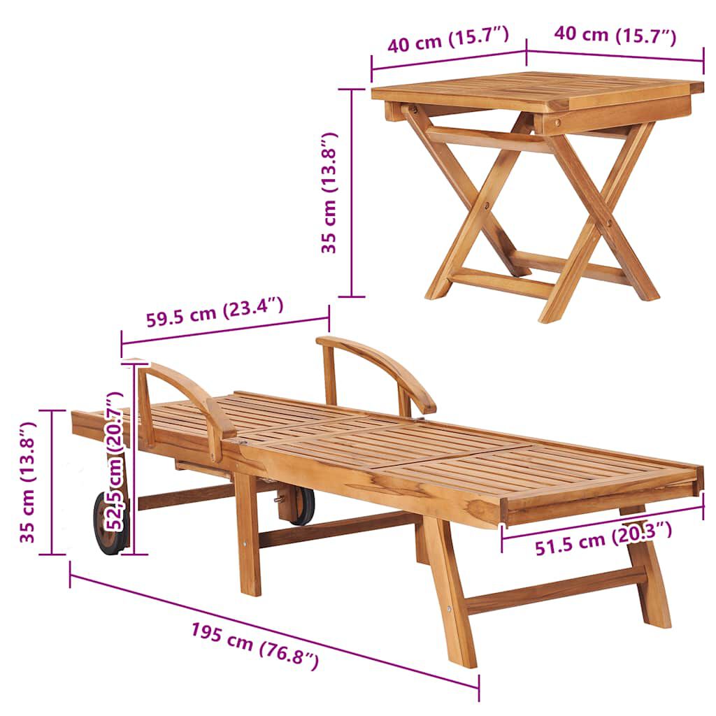 vidaXL Ξαπλώστρες 2 τεμ. από Μασίφ Ξύλο Teak με Τραπέζι
