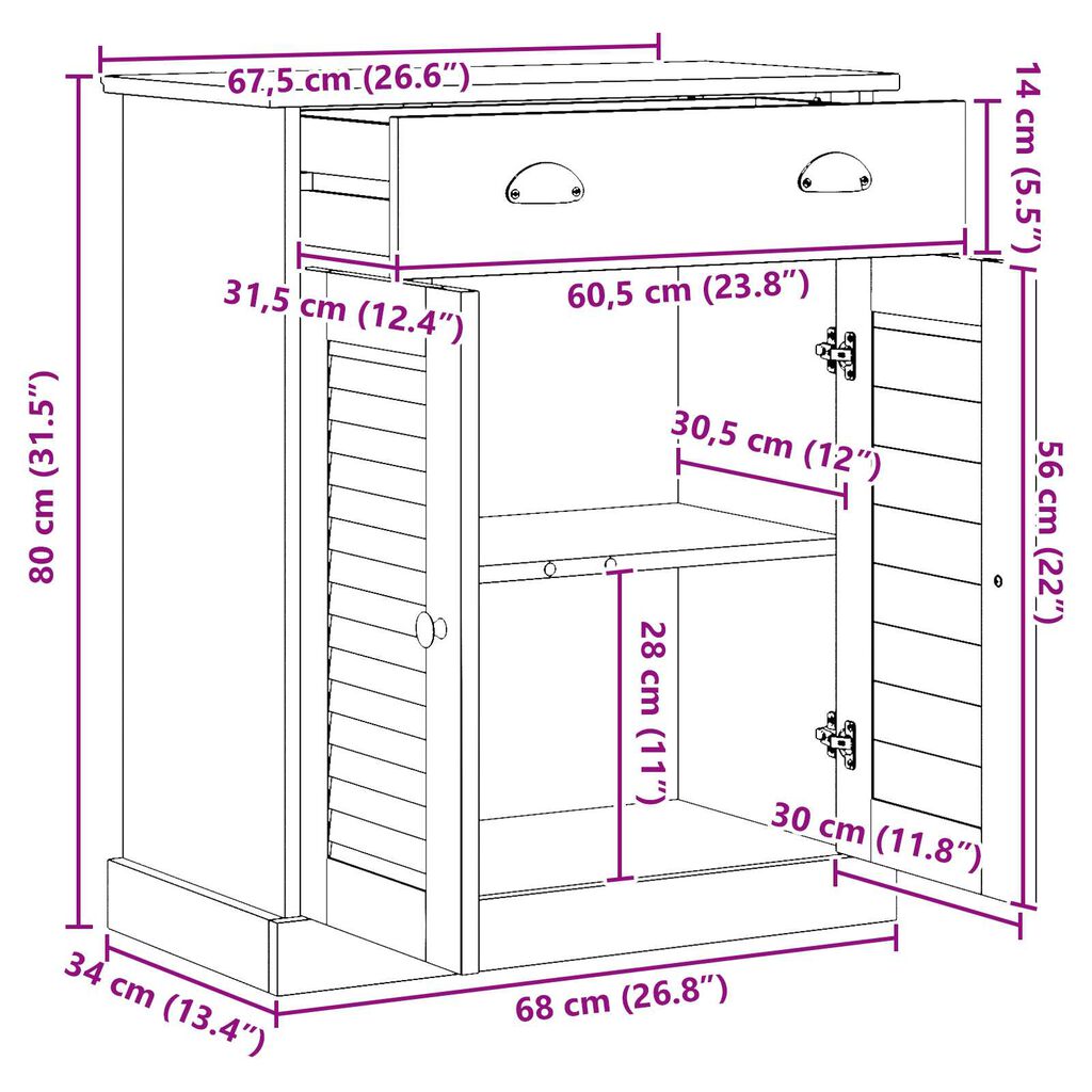 vidaXL Ντουλάπι Μπάνιου Λευκό 68 x 34 x 80 εκ Μασίφ ξύλο πεύκου