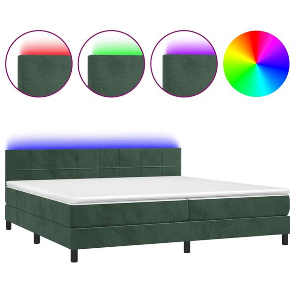 vidaXL Κρεβάτι Boxspring με Στρώμα & LED Σκ. Πράσινο 200x200εκ Βελούδο